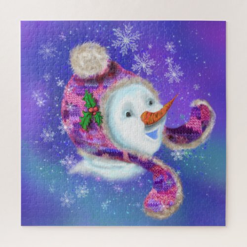 Christmas Puzzle Snowman In Purple Pink Hat