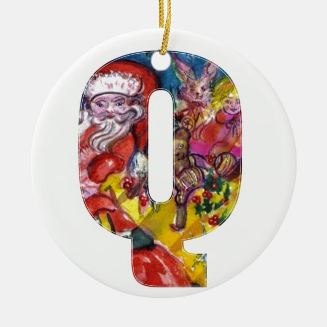 CHRISTMAS Q LETTER  / SANTA  WITH GIFTS MONOGRAM CERAMIC ORNAMENT (Front)