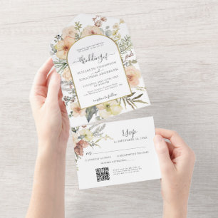 Christmas QR RSVP Floral Gold Foil Winter Wedding All In One Invitation