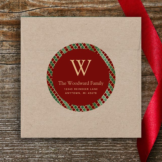 Christmas Quatrefoil Red Green Gold Address Classic Round Sticker (Creator Uploaded)