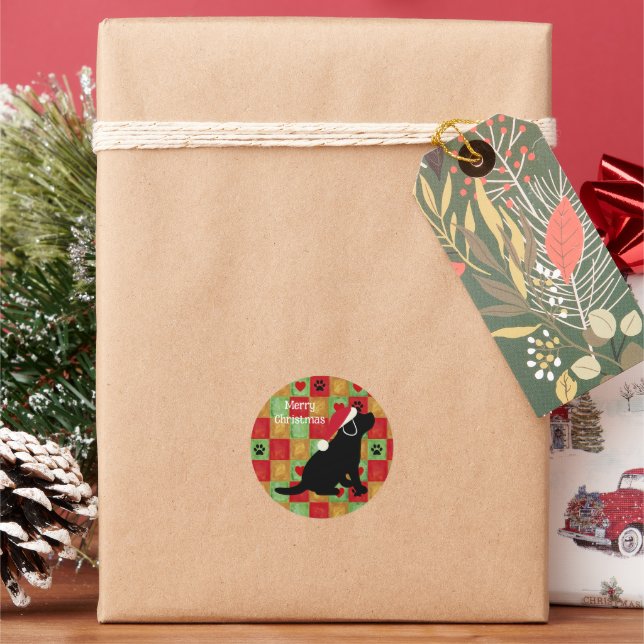 Christmas Quilt Black Labrador Puppy Classic Round Sticker (Holiday)