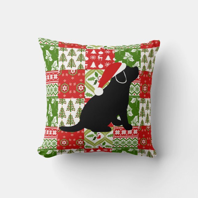 Christmas Quilt Black Labrador Puppy Pillow (Front)