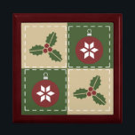 Christmas Quilt Tile Box<br><div class="desc">Four squares in green and tan are adorned with red ornaments decorated with white snowflakes and green holly with red berries. White stitching adds a decorative touch, giving the repeating pattern the appearance of a quilt, creating a perfectly cozy feeling for the Christmas holiday. Tiles without frames and the stone...</div>