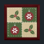 Christmas Quilt Tile Box<br><div class="desc">Four squares in green and tan are adorned with red ornaments decorated with white snowflakes and green holly with red berries. White stitching adds a decorative touch, giving the repeating pattern the appearance of a quilt, creating a perfectly cozy feeling for the Christmas holiday. Tiles without frames and the stone...</div>