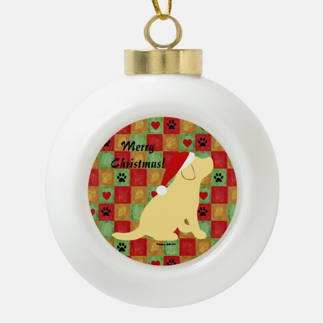 Christmas Quilt Yellow Labrador Puppy Ceramic Ball Christmas Ornament (Front)