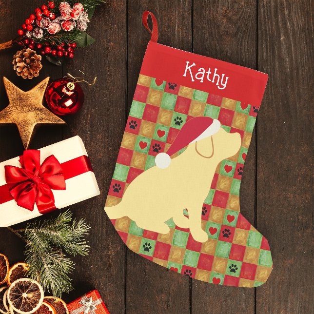 Christmas Quilt Yellow Labrador Puppy Small Christmas Stocking (Personalized Yellow Labrador Puppy Quilt Design Christmas Stocking for Labrador Owners.)