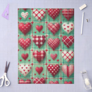Christmas Quilted Hearts Green Red White Decoupage Tissue Paper