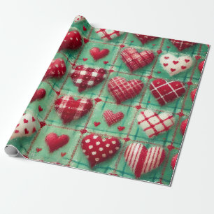 Christmas Quilted Hearts Green Red White Wrapping Paper