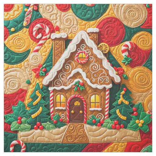 Christmas Quilted Look Gingerbread House Fabric