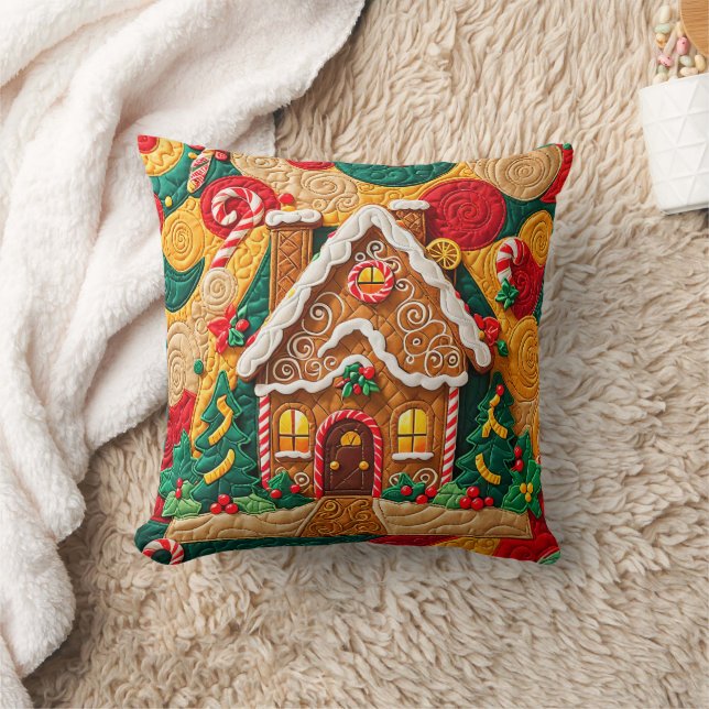 Christmas Quilted Look Gingerbread House Throw Pillow (Blanket)