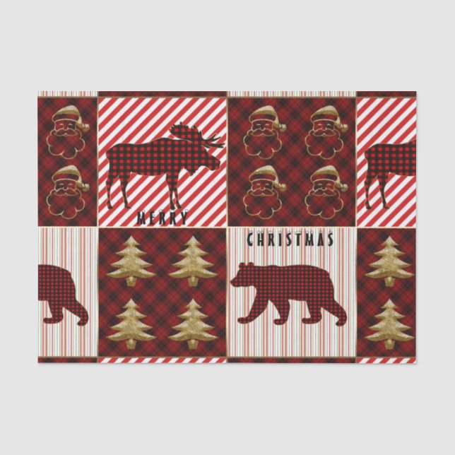 Christmas Quilting Buffalo Plaid Reindeer Bear Tissue Paper (Front)