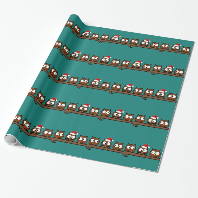 Christmas Quirky Owls Wrapping Paper (Unrolled)