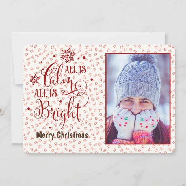Christmas Quote/All is Calm/Personalized/Red Holiday Card (Front)