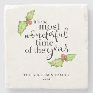 Christmas Quote Most Wonderful Time Hand Lettering Stone Coaster
