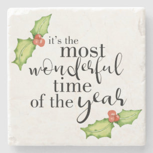 Christmas Quote Most Wonderful Time Hand Lettering Stone Coaster