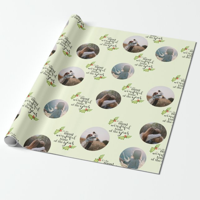 Christmas Quote Most Wonderful Time Photo Family Wrapping Paper (Unrolled)