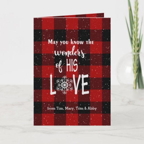 Christmas quote on lumberjack plaid and snowflakes card