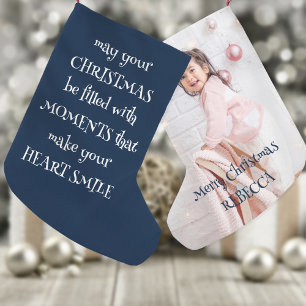 Christmas Quote Photo Name Navy Blue Small Christmas Stocking