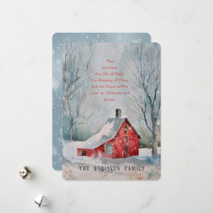 Christmas Quote Red Farm House Snow Winter Scape Holiday Card