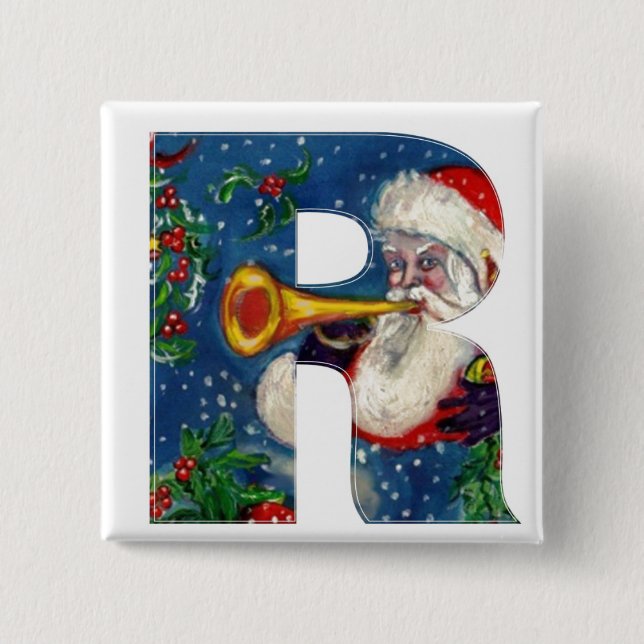 CHRISTMAS R LETTER / SANTA BUGLER MONOGRAM PINBACK BUTTON (Front)