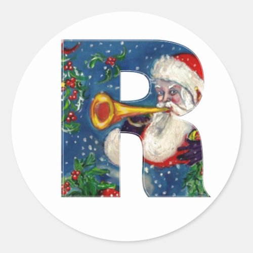 CHRISTMAS R LETTER  SANTA CLAUS BUGLER CLASSIC ROUND STICKER