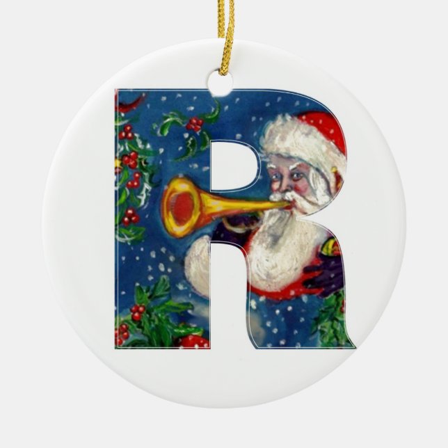 CHRISTMAS R LETTER / SANTA CLAUS BUGLER MONOGRAM CERAMIC ORNAMENT (Front)