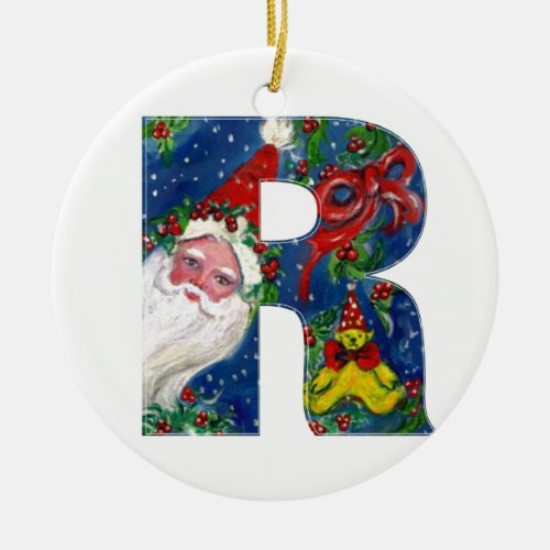 CHRISTMAS R LETTER  SANTA CLAUS WITH RED RIBBON CERAMIC ORNAMENT