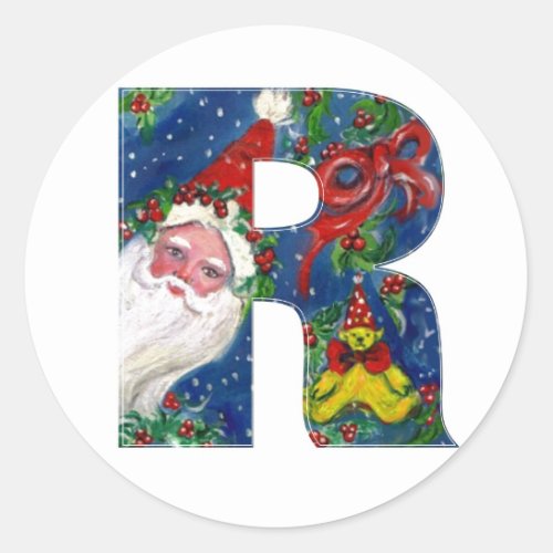 CHRISTMAS R LETTER  SANTA CLAUS WITH RED RIBBON CLASSIC ROUND STICKER