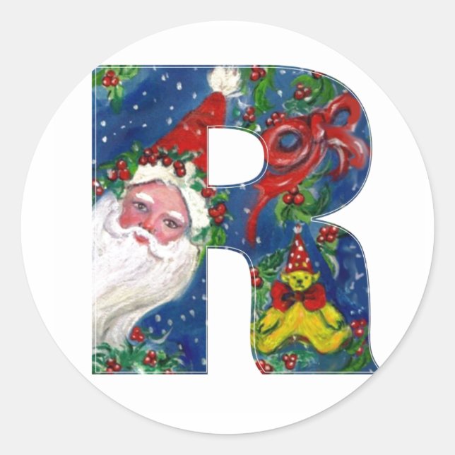 CHRISTMAS R LETTER / SANTA CLAUS WITH RED RIBBON CLASSIC ROUND STICKER (Front)