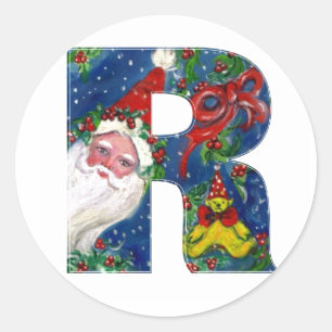 CHRISTMAS R LETTER / SANTA CLAUS WITH RED RIBBON CLASSIC ROUND STICKER