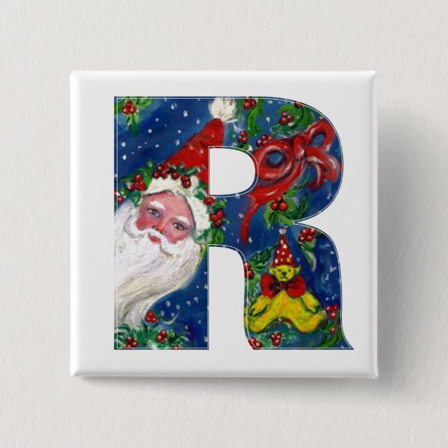 CHRISTMAS R LETTER / SANTA  RED RIBBON MONOGRAM BUTTON (Front)