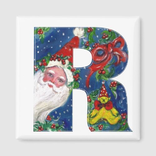 CHRISTMAS R LETTER  SANTA   RED RIBBON MONOGRAM MAGNET