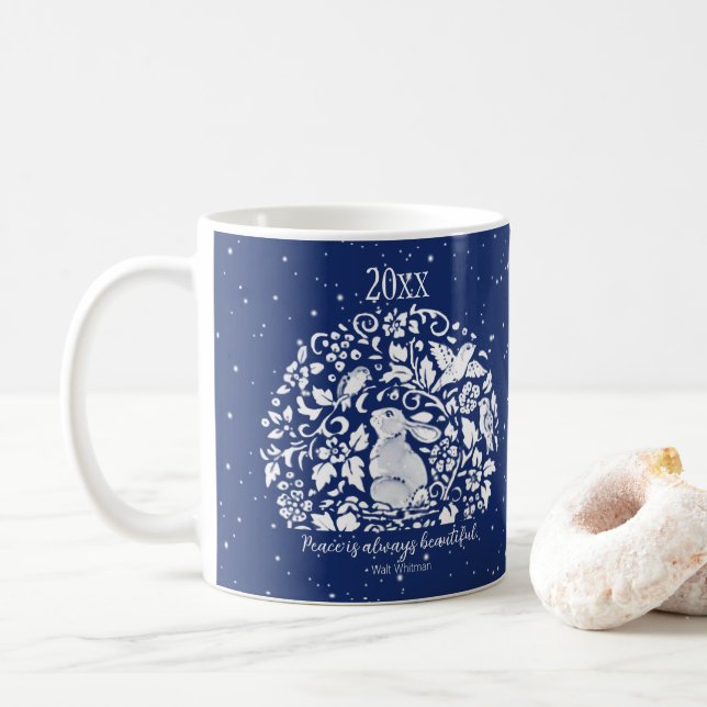 Christmas Rabbit Blue White Peace Bird Snow Custom Coffee Mug (With Donut)