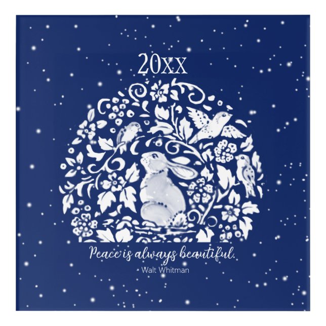Christmas Rabbit Blue White Peace Year Whimsical Acrylic Print (Front)