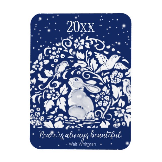 Christmas Rabbit Blue White Peace Year Whimsical Magnet (Vertical)