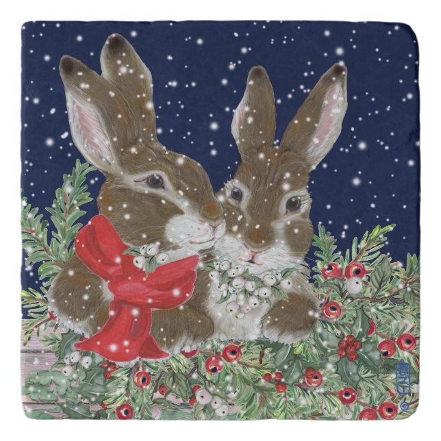 Christmas Rabbit Bunny Snow Holiday Cute Painting Trivet (Front)
