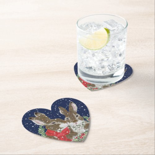 Christmas Rabbit Bunny Snow Holiday Heart Romantic Paper Coaster