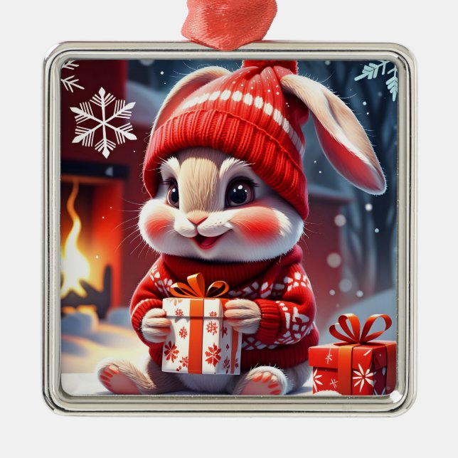 Christmas Rabbit  Metal Ornament (Front)