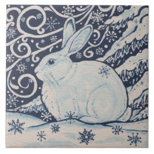 Christmas Rabbit Navy Blue Snow Snowflake Painting Ceramic Tile