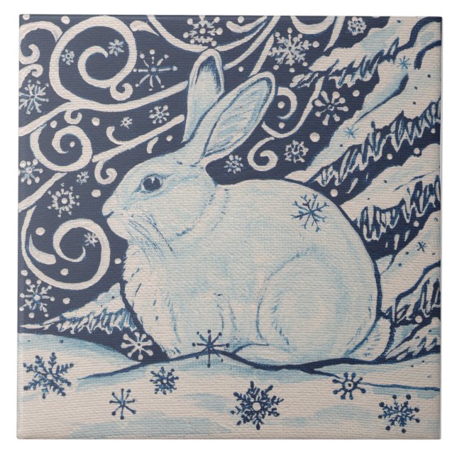 Christmas Rabbit Navy Blue Snow Snowflake Painting Ceramic Tile (Front)