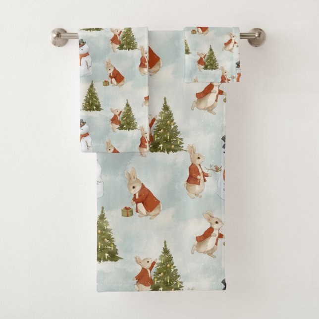 Christmas Rabbit Peter Vintage Bath Towel Set (Insitu)