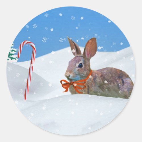 Christmas Rabbit Snow Candy Canes Classic Round Sticker