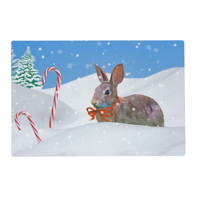 Christmas, Rabbit, Snow, Candy Canes Placemat (Front)