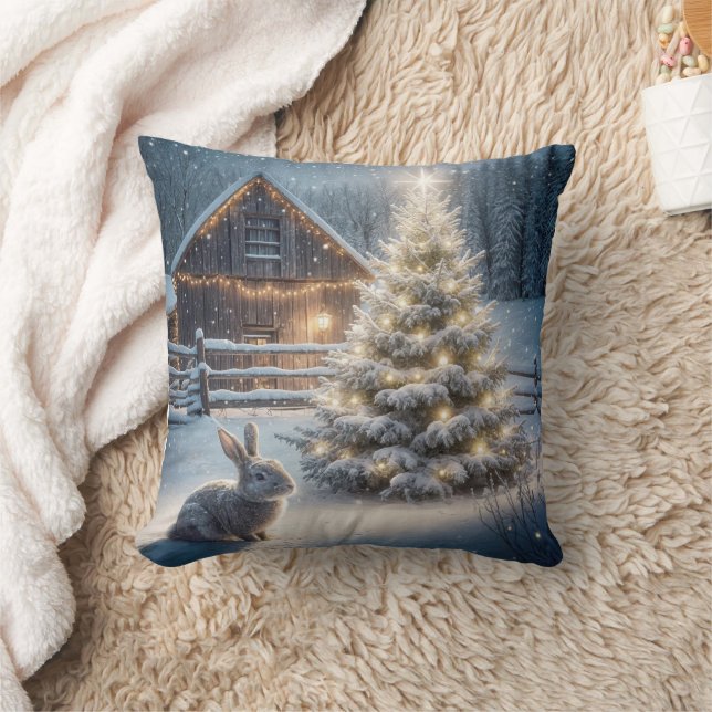Christmas Rabbit With Glowing Tree Throw Pillow (Blanket)