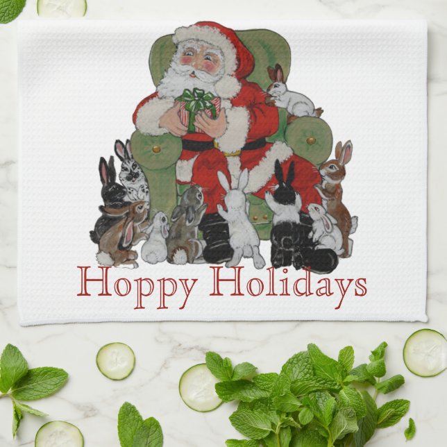 Christmas Rabbits Santa Hoppy Holidays Bunny Pet Kitchen Towel (Folded)