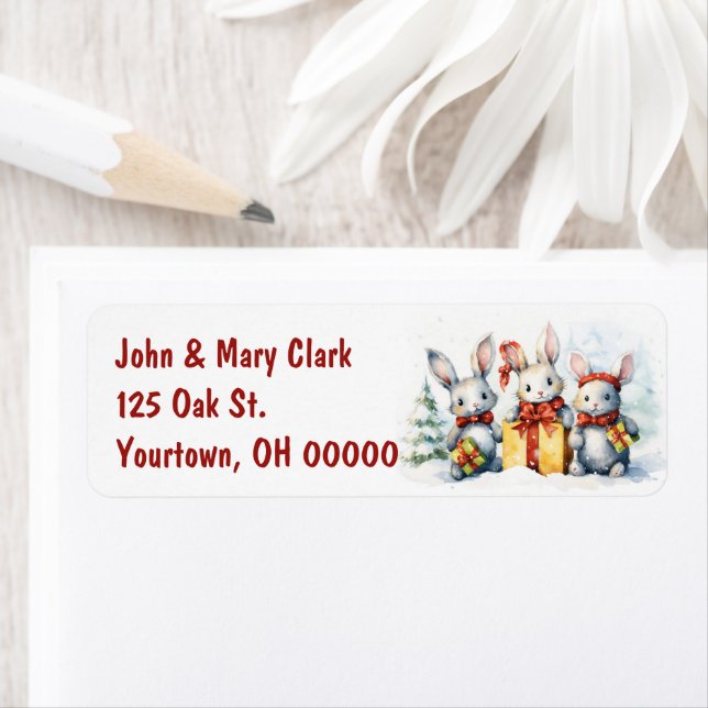 Christmas Rabbits With Gifts Label (Insitu)