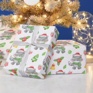 Christmas Raccoon, Berries, Presents Wrapping Paper