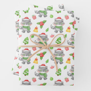 Christmas Raccoon, Berries, Presents Wrapping Paper Sheets