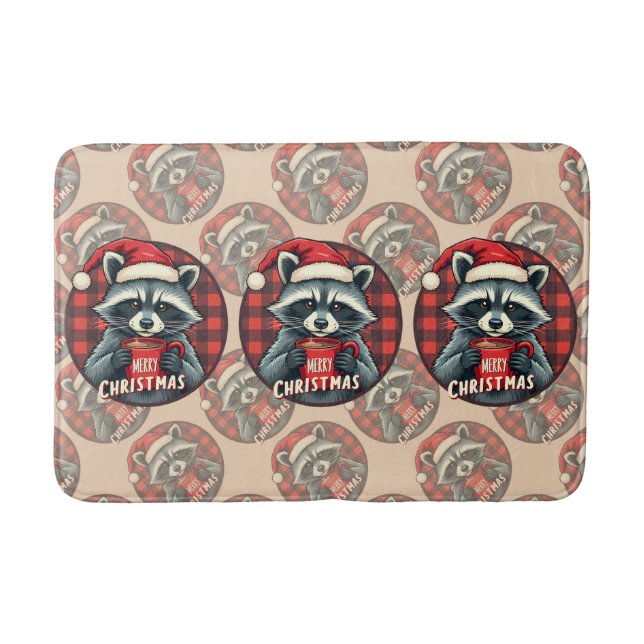 Christmas Raccoon Cocoa Cheer Bath Mat (Front)