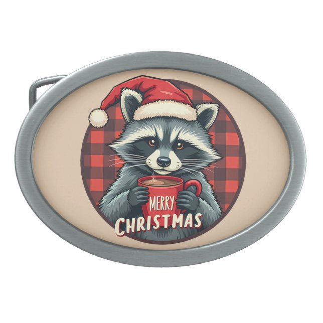 Christmas Raccoon Cocoa Cheer Belt Buckle (Front)